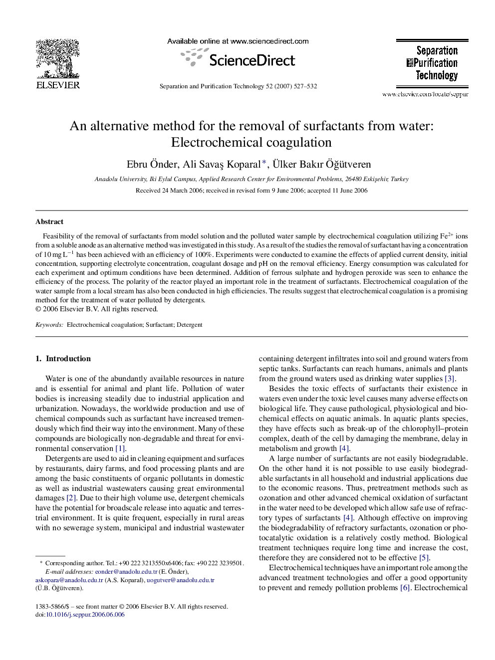 An alternative method for the removal of surfactants from water: Electrochemical coagulation