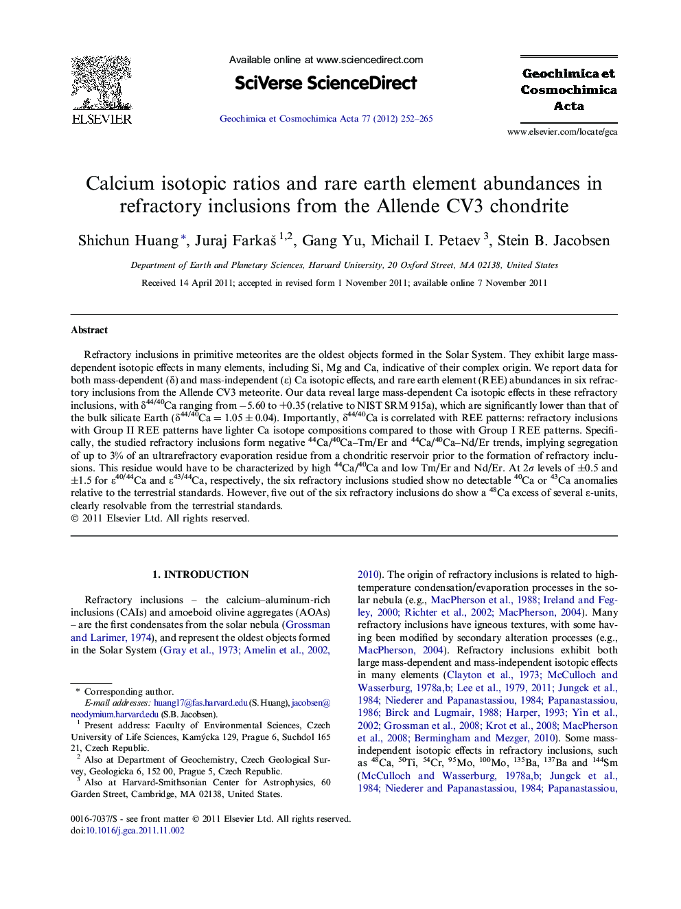 Calcium isotopic ratios and rare earth element abundances in refractory inclusions from the Allende CV3 chondrite