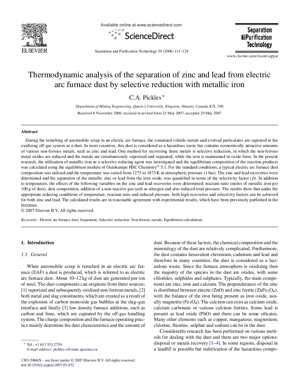 Thermodynamic analysis of the separation of zinc and lead from electric arc furnace dust by selective reduction with metallic iron