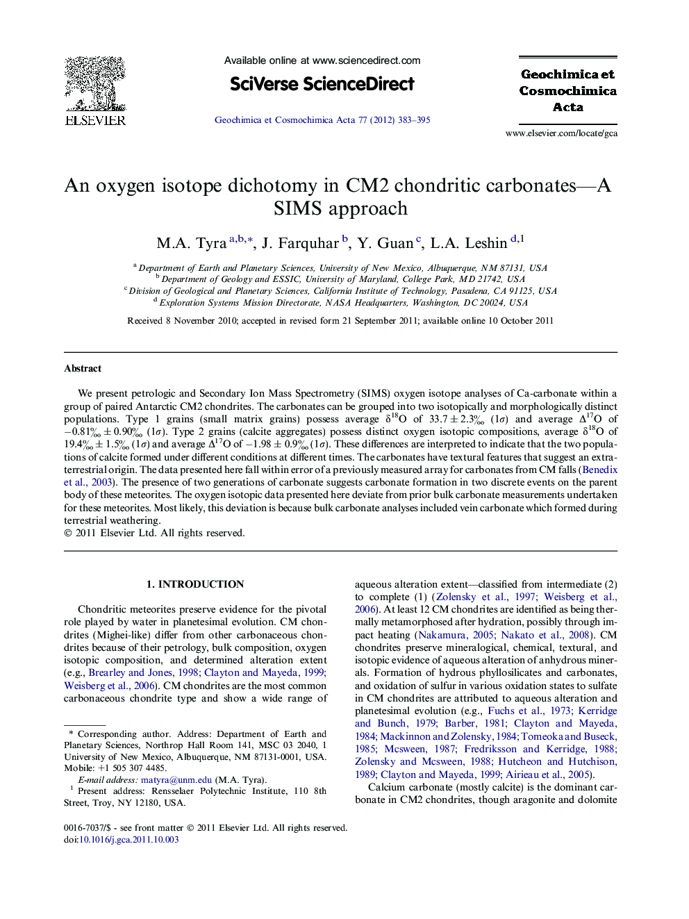 An oxygen isotope dichotomy in CM2 chondritic carbonates-A SIMS approach