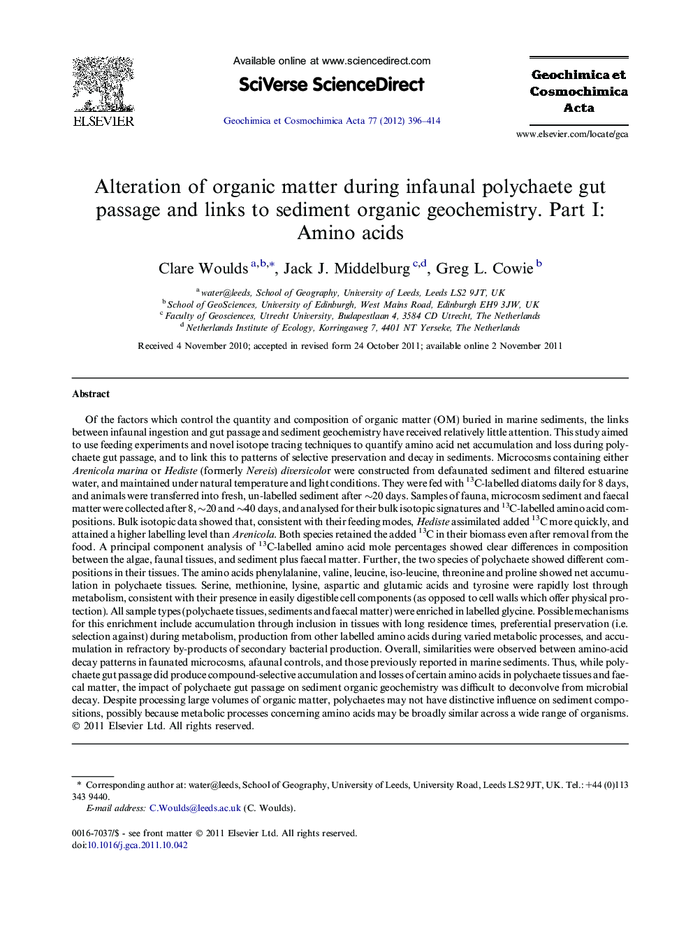 Alteration of organic matter during infaunal polychaete gut passage and links to sediment organic geochemistry. Part I: Amino acids