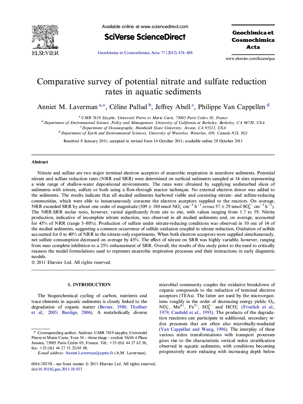 Comparative survey of potential nitrate and sulfate reduction rates in aquatic sediments