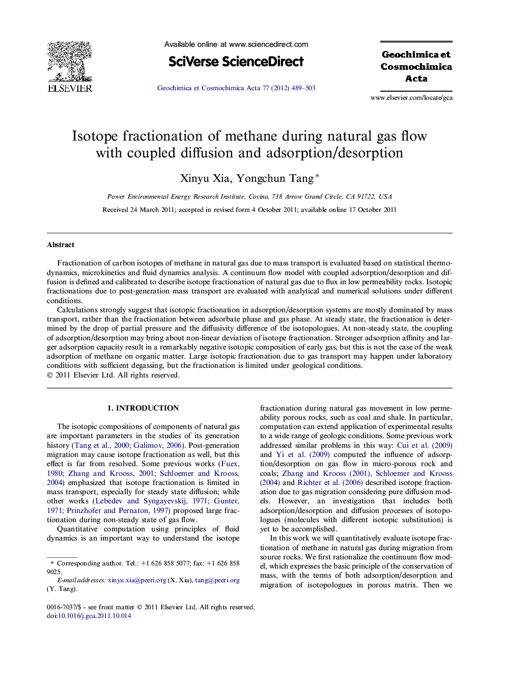 Isotope fractionation of methane during natural gas flow with coupled diffusion and adsorption/desorption