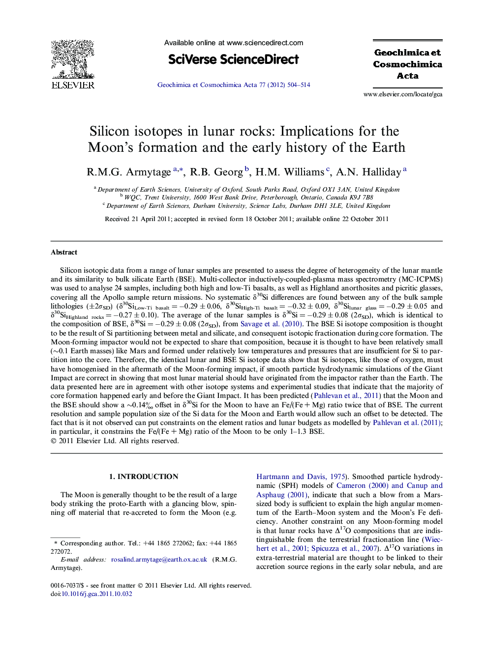 Silicon isotopes in lunar rocks: Implications for the Moon's formation and the early history of the Earth