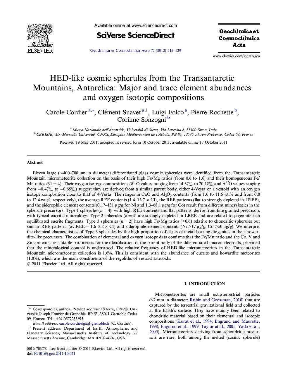 HED-like cosmic spherules from the Transantarctic Mountains, Antarctica: Major and trace element abundances and oxygen isotopic compositions