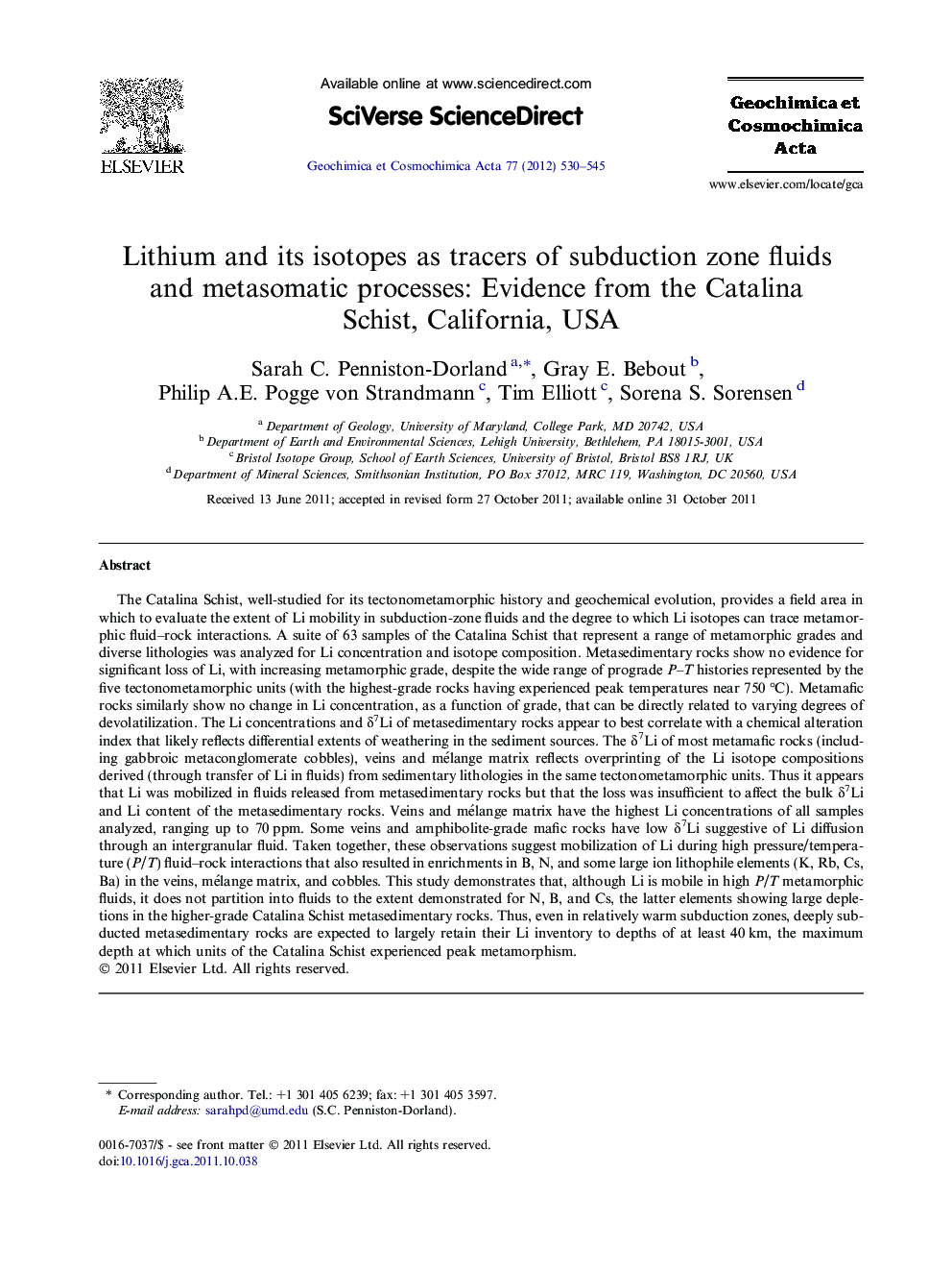 Lithium and its isotopes as tracers of subduction zone fluids and metasomatic processes: Evidence from the Catalina Schist, California, USA