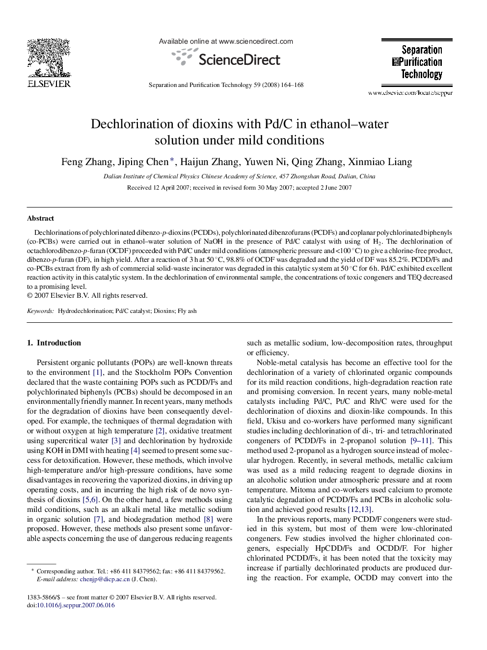 Dechlorination of dioxins with Pd/C in ethanol–water solution under mild conditions