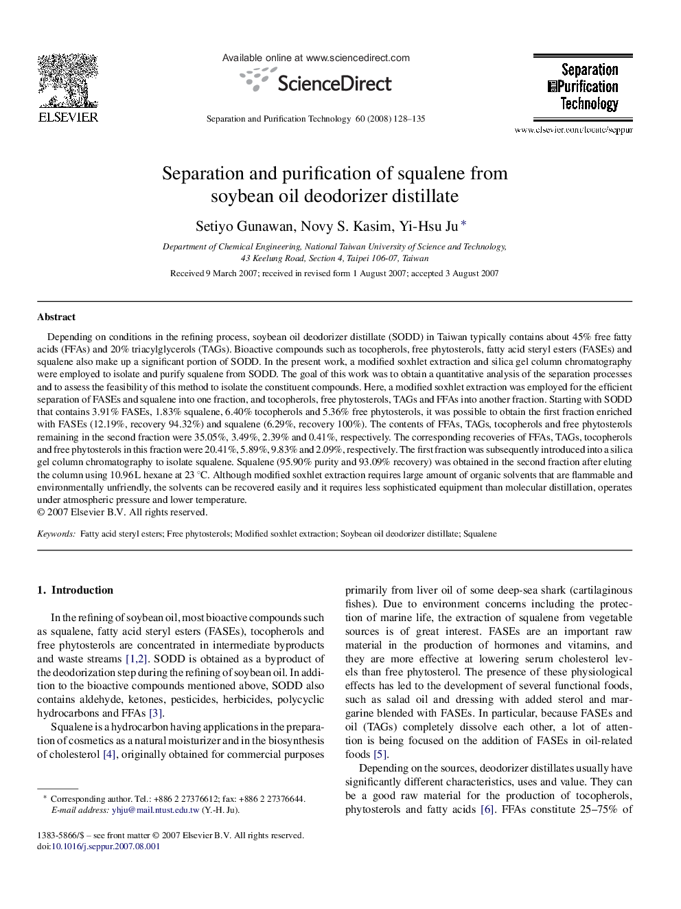 Separation and purification of squalene from soybean oil deodorizer distillate