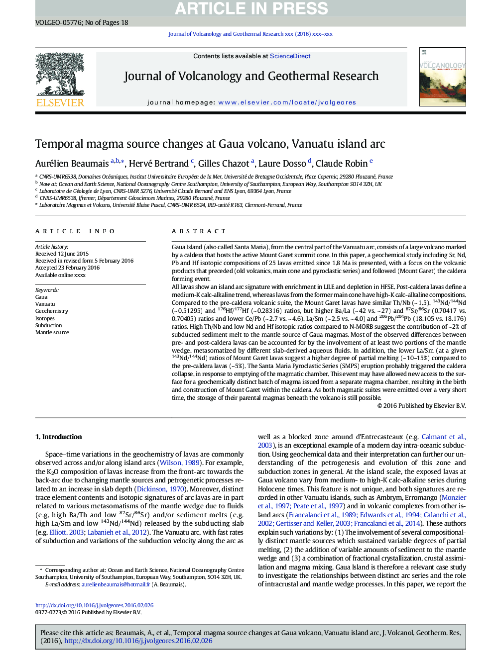 Temporal magma source changes at Gaua volcano, Vanuatu island arc