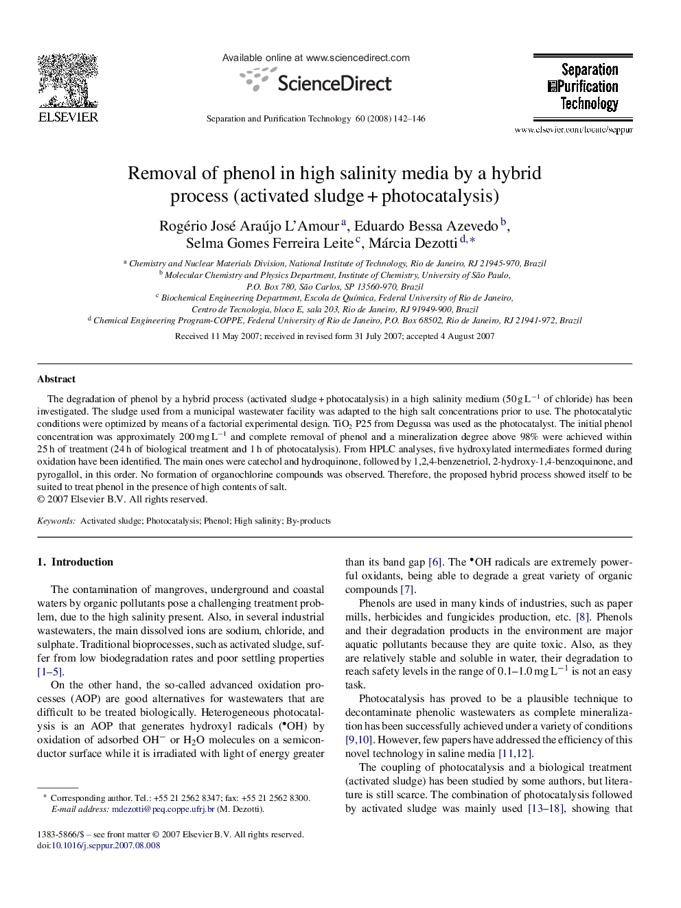 Removal of phenol in high salinity media by a hybrid process (activated sludge + photocatalysis)