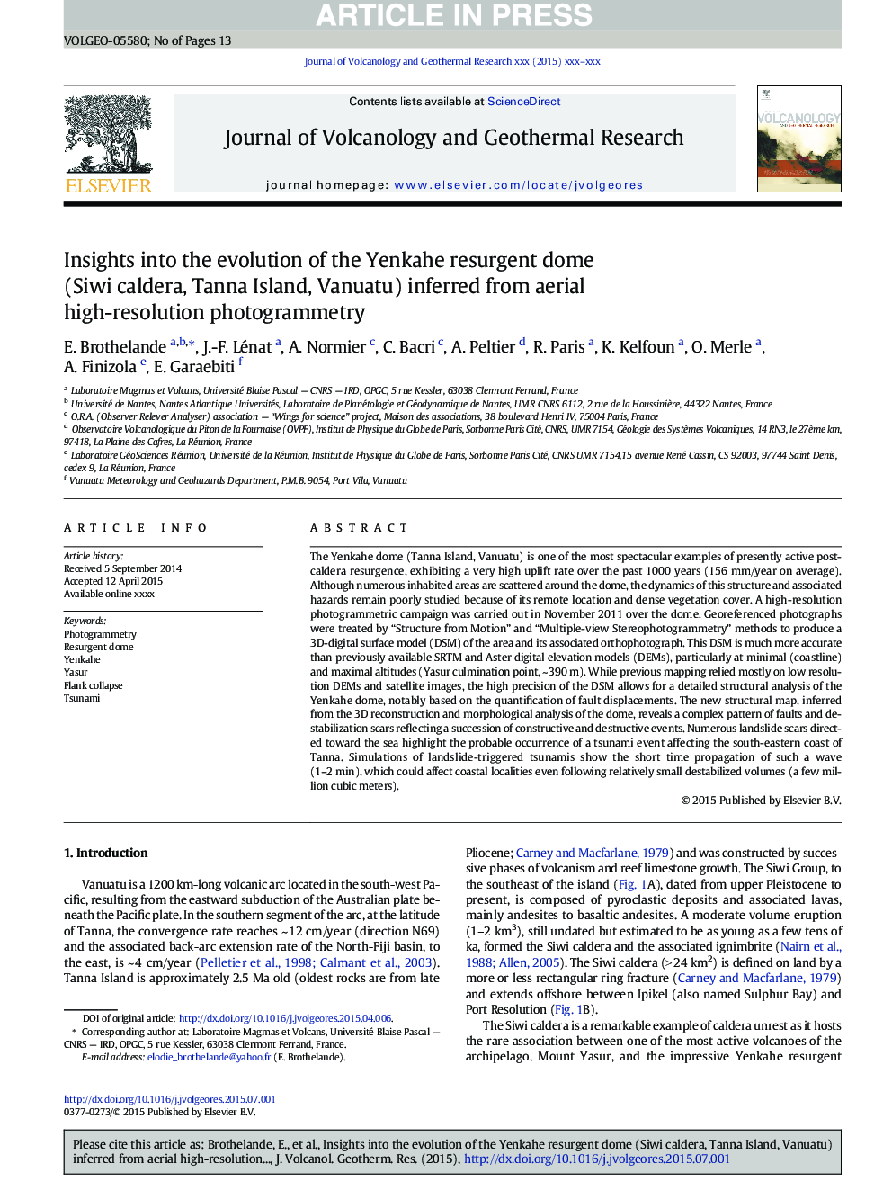 Insights into the evolution of the Yenkahe resurgent dome (Siwi caldera, Tanna Island, Vanuatu) inferred from aerial high-resolution photogrammetry