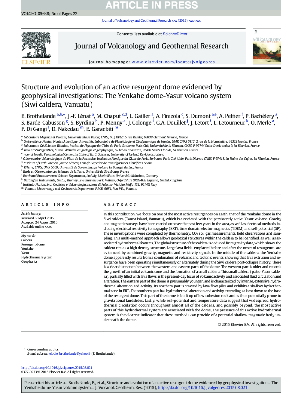 Structure and evolution of an active resurgent dome evidenced by geophysical investigations: The Yenkahe dome-Yasur volcano system (Siwi caldera, Vanuatu)