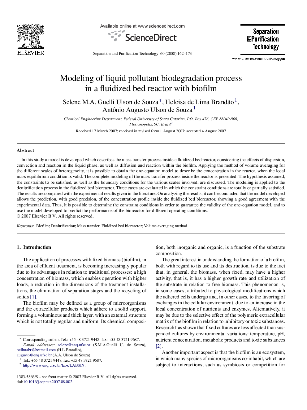 Modeling of liquid pollutant biodegradation process in a fluidized bed reactor with biofilm