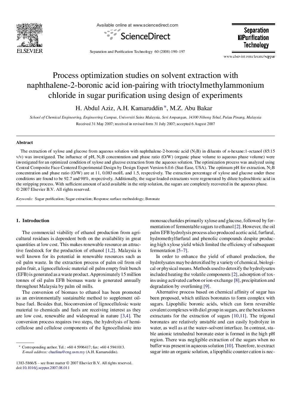 Process optimization studies on solvent extraction with naphthalene-2-boronic acid ion-pairing with trioctylmethylammonium chloride in sugar purification using design of experiments