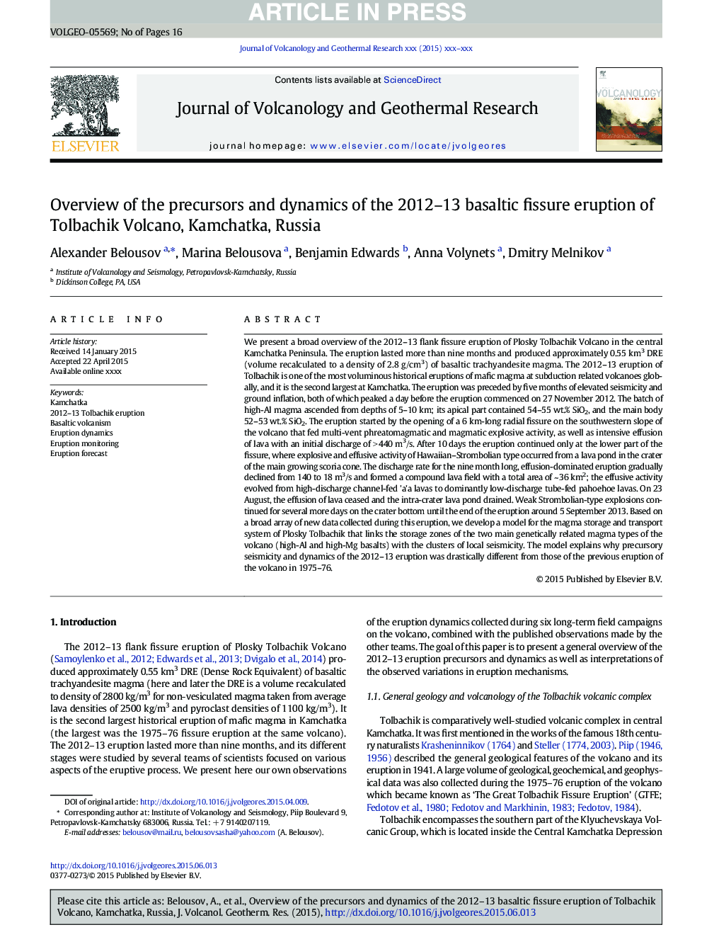 Overview of the precursors and dynamics of the 2012-13 basaltic fissure eruption of Tolbachik Volcano, Kamchatka, Russia