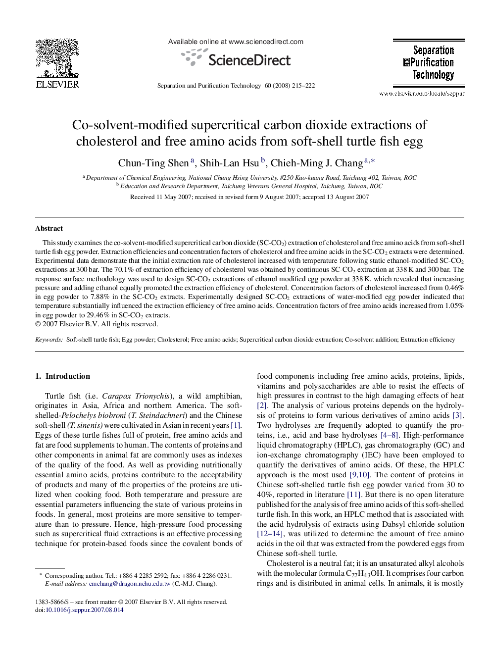 Co-solvent-modified supercritical carbon dioxide extractions of cholesterol and free amino acids from soft-shell turtle fish egg