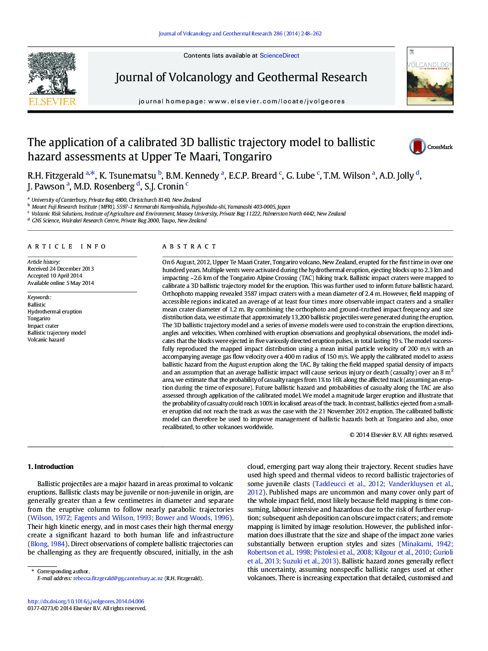 The application of a calibrated 3D ballistic trajectory model to ballistic hazard assessments at Upper Te Maari, Tongariro