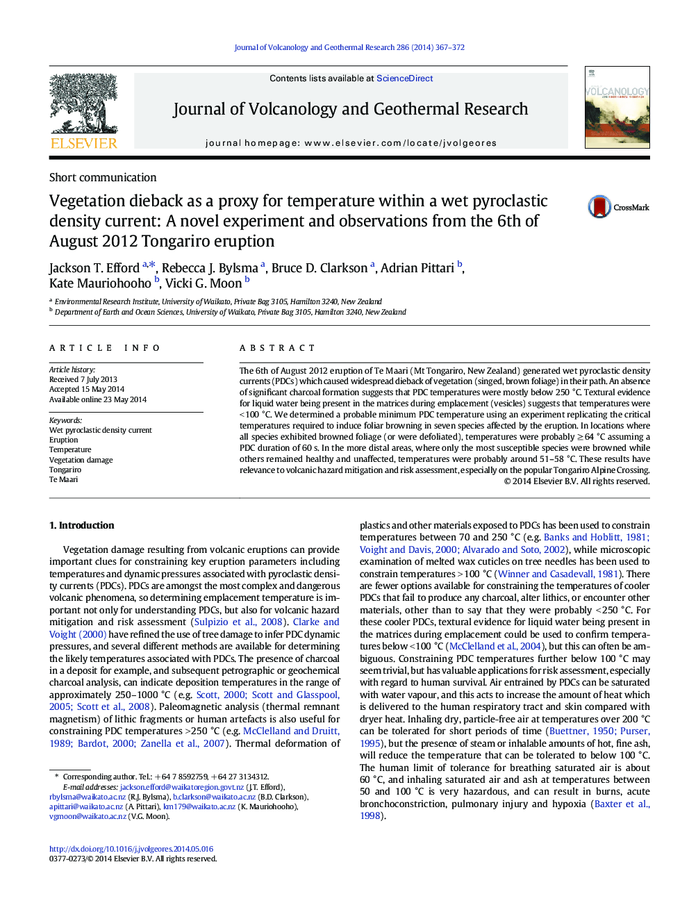 Short communicationVegetation dieback as a proxy for temperature within a wet pyroclastic density current: A novel experiment and observations from the 6th of August 2012 Tongariro eruption