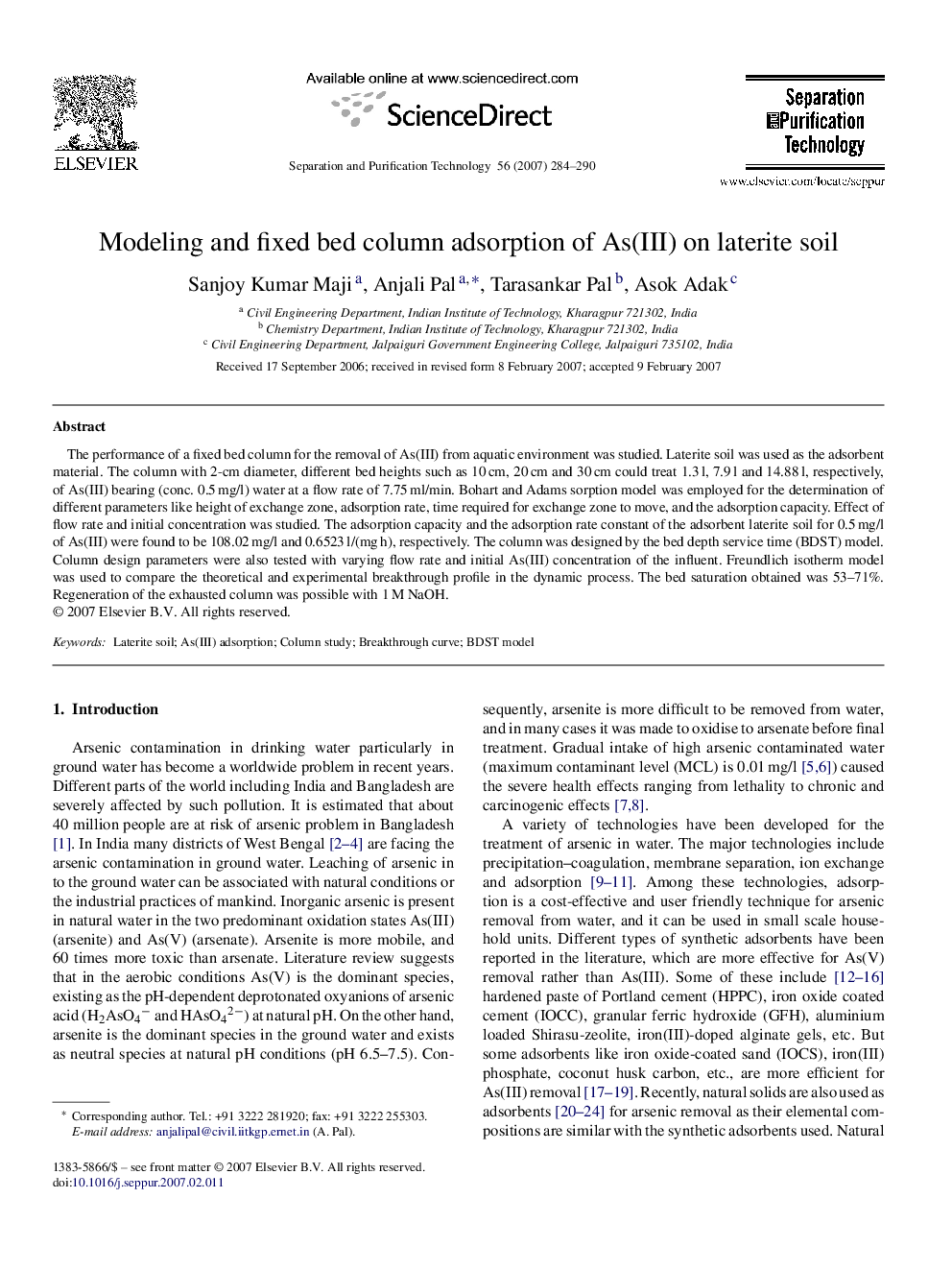 Modeling and fixed bed column adsorption of As(III) on laterite soil