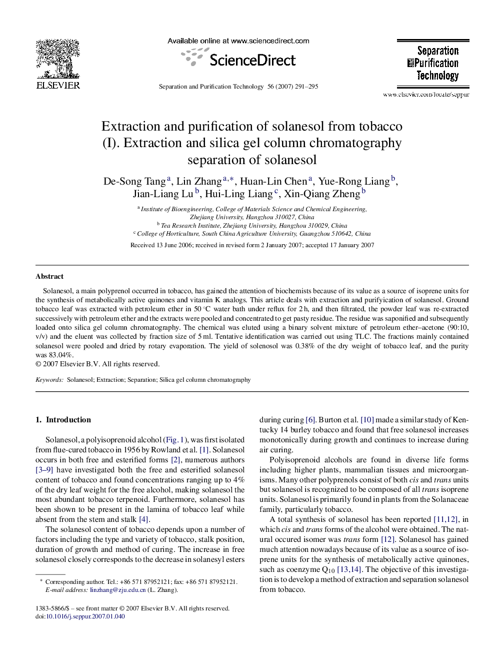 Extraction and purification of solanesol from tobacco: (I). Extraction and silica gel column chromatography separation of solanesol