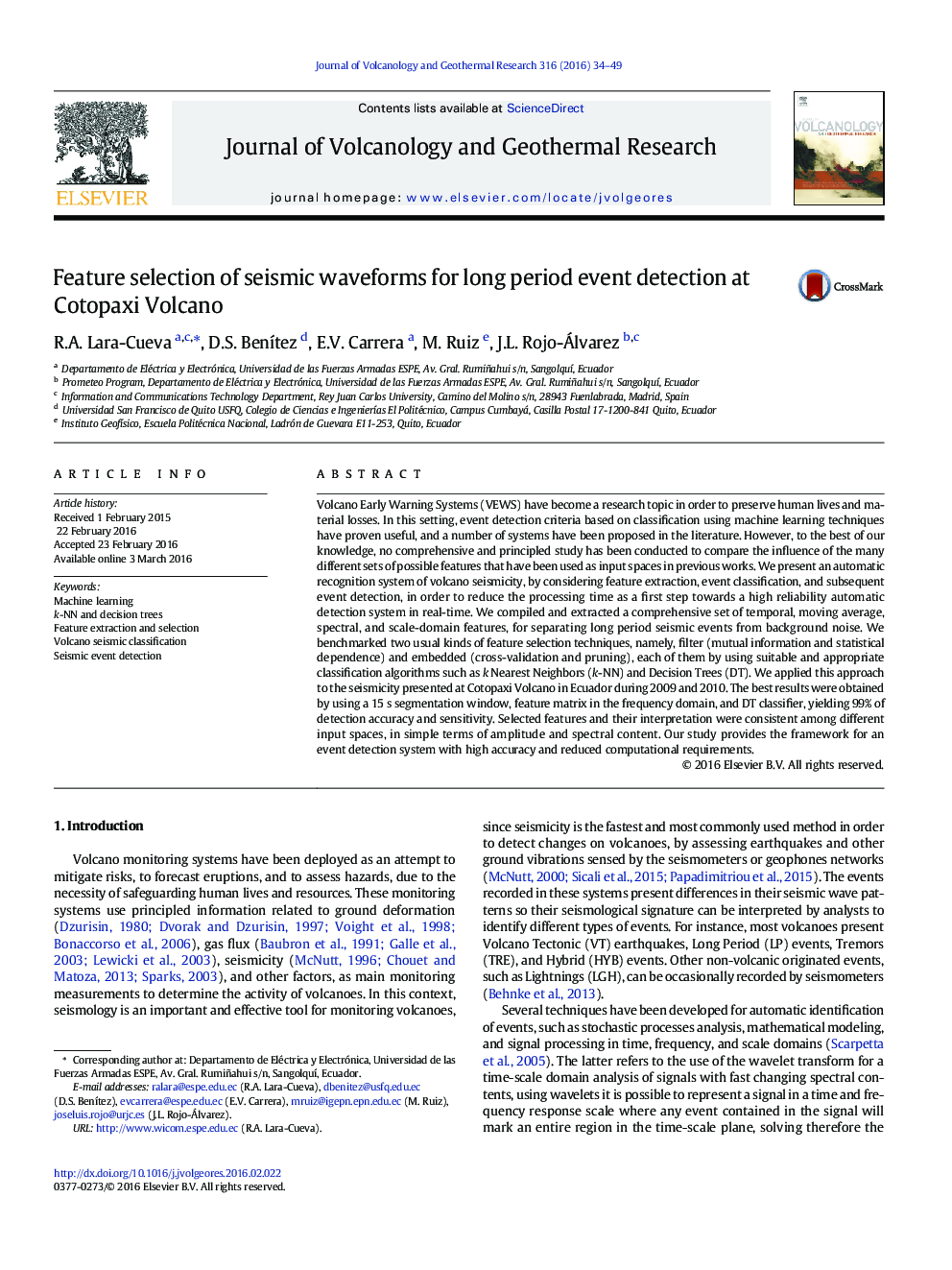 Feature selection of seismic waveforms for long period event detection at Cotopaxi Volcano