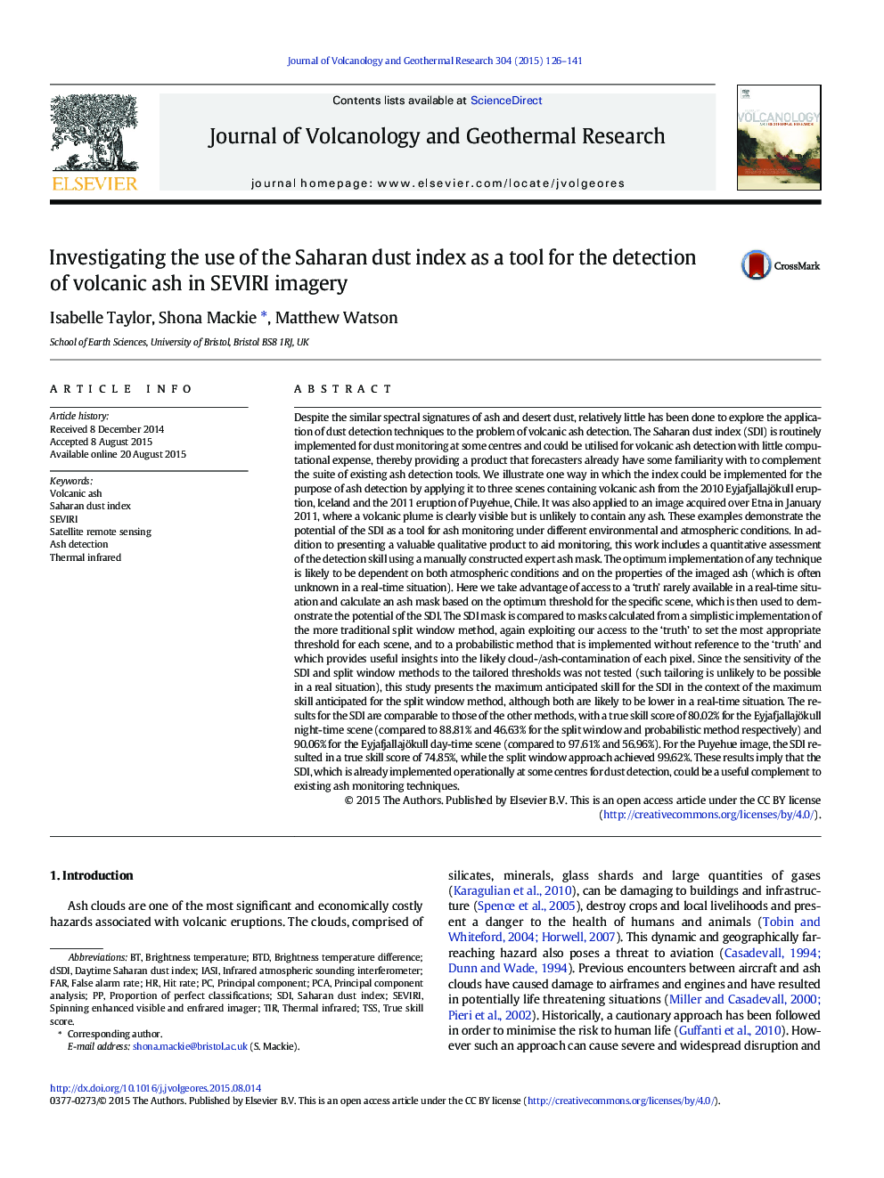 Investigating the use of the Saharan dust index as a tool for the detection of volcanic ash in SEVIRI imagery