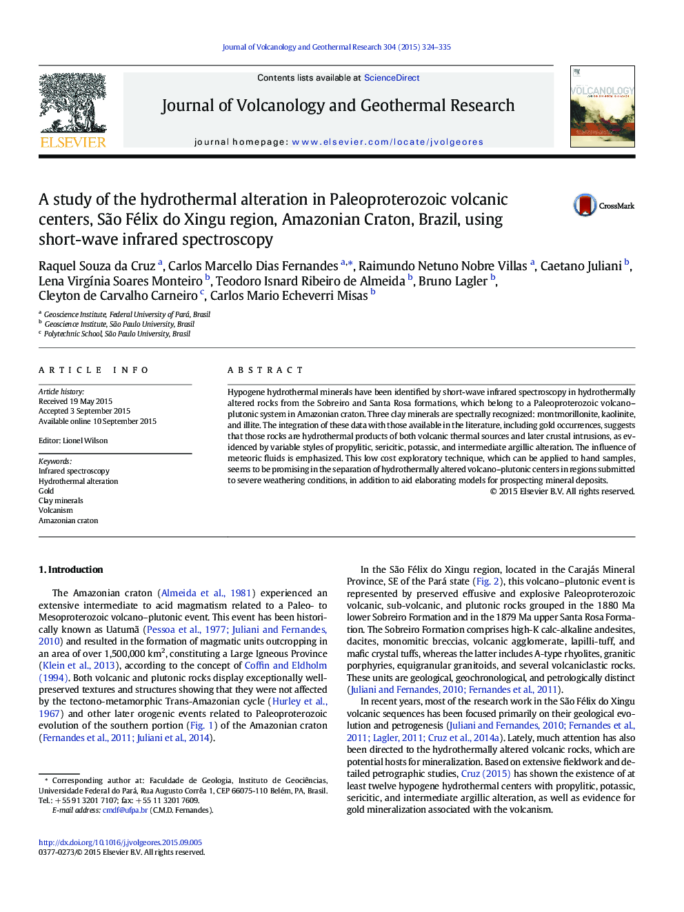 A study of the hydrothermal alteration in Paleoproterozoic volcanic centers, SÃ£o Félix do Xingu region, Amazonian Craton, Brazil, using short-wave infrared spectroscopy