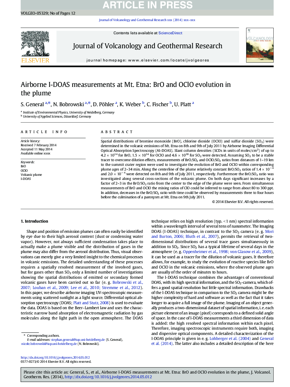 Airborne I-DOAS measurements at Mt. Etna: BrO and OClO evolution in the plume