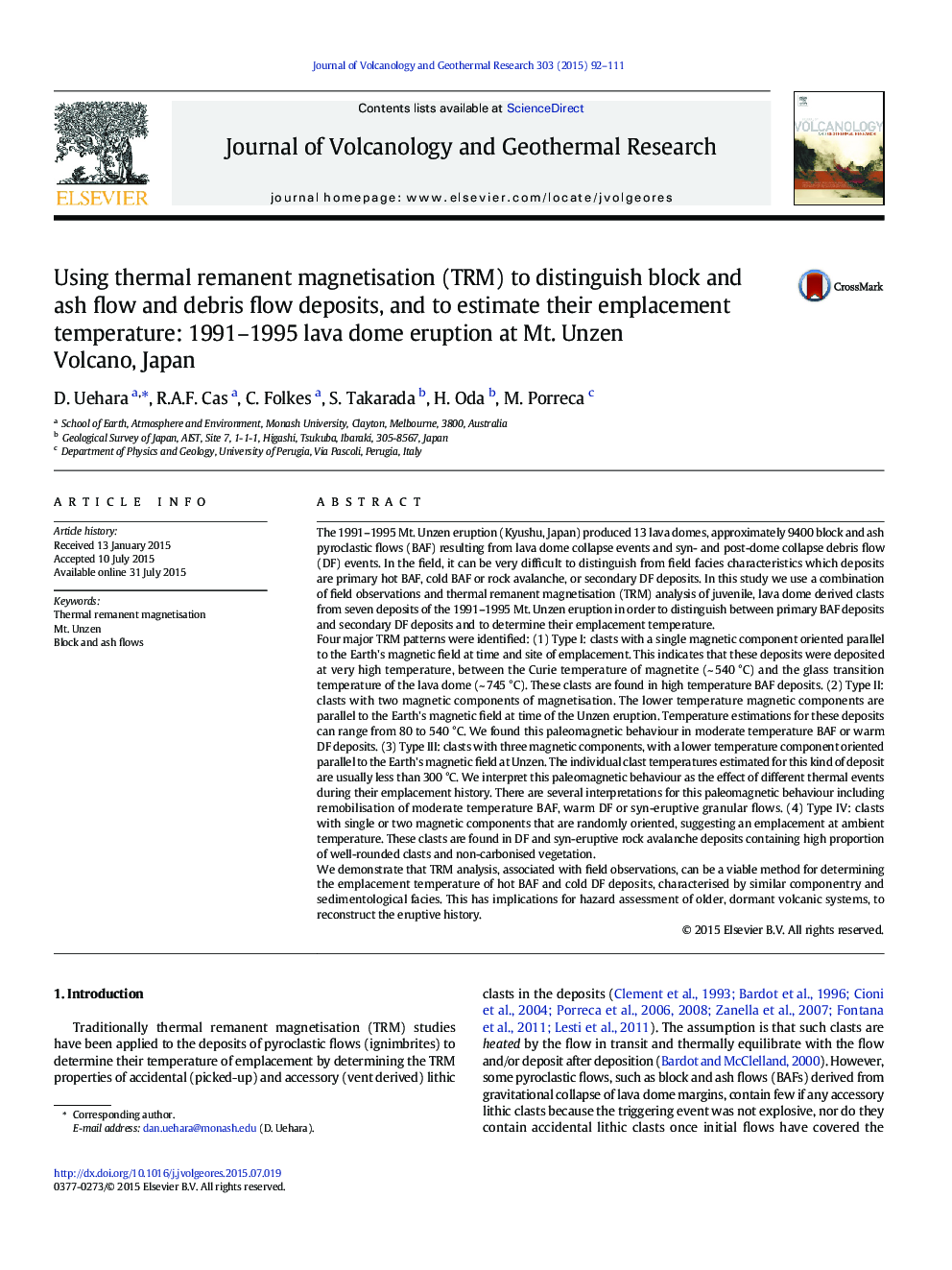Using thermal remanent magnetisation (TRM) to distinguish block and ash flow and debris flow deposits, and to estimate their emplacement temperature: 1991-1995 lava dome eruption at Mt. Unzen Volcano, Japan