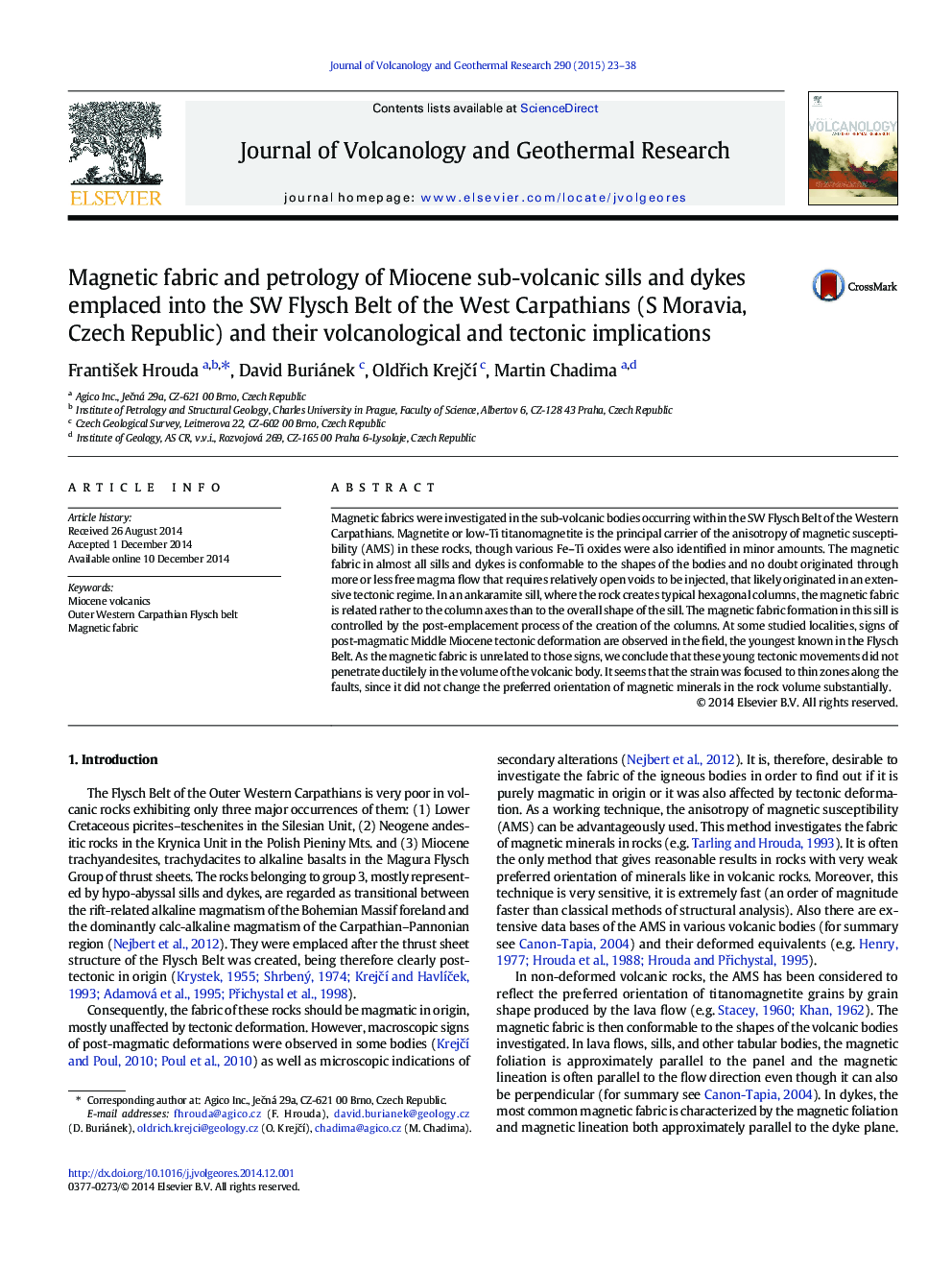 Magnetic fabric and petrology of Miocene sub-volcanic sills and dykes emplaced into the SW Flysch Belt of the West Carpathians (S Moravia, Czech Republic) and their volcanological and tectonic implications