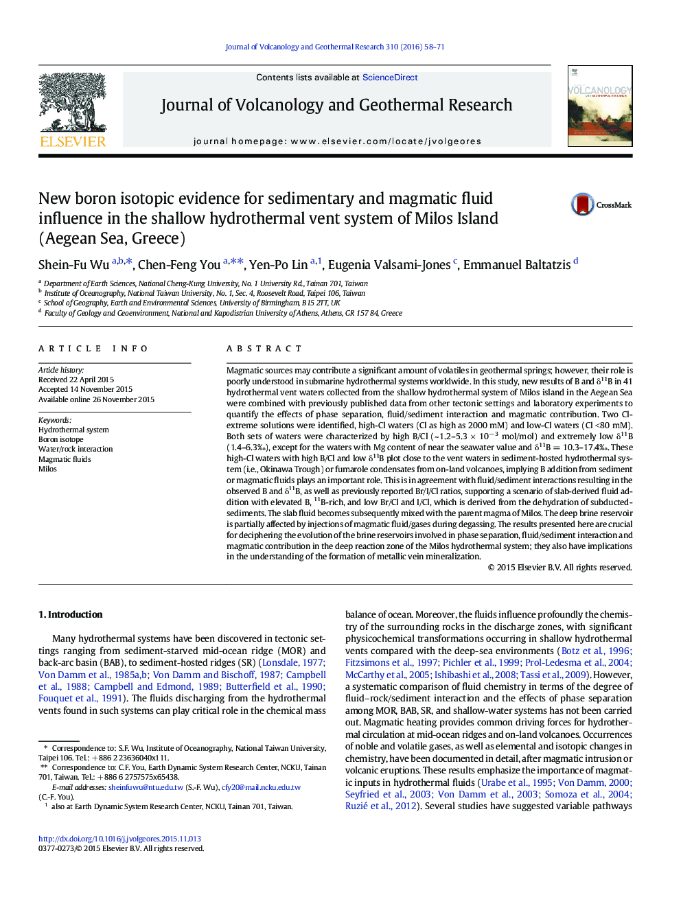 New boron isotopic evidence for sedimentary and magmatic fluid influence in the shallow hydrothermal vent system of Milos Island (Aegean Sea, Greece)