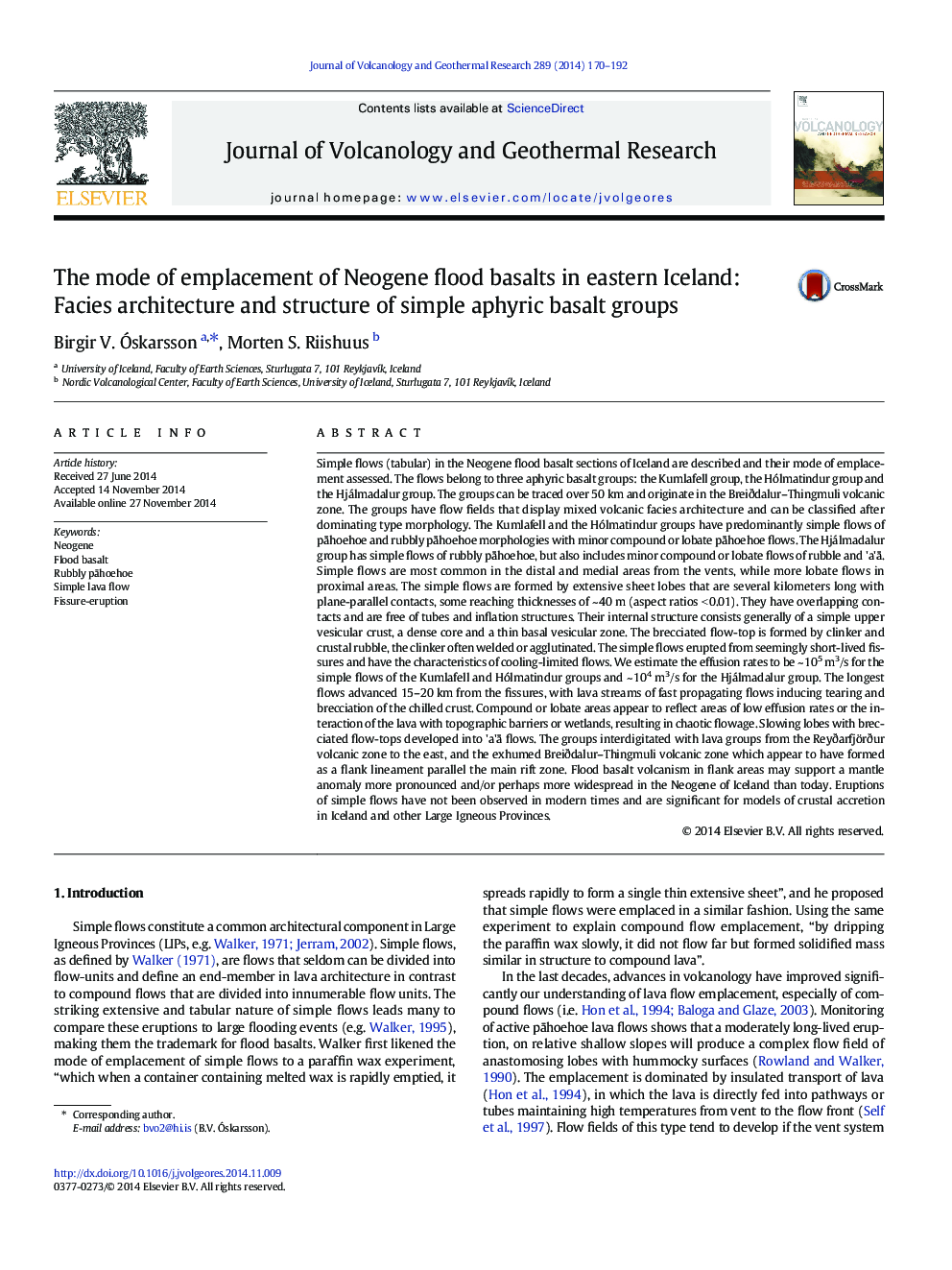 The mode of emplacement of Neogene flood basalts in eastern Iceland: Facies architecture and structure of simple aphyric basalt groups