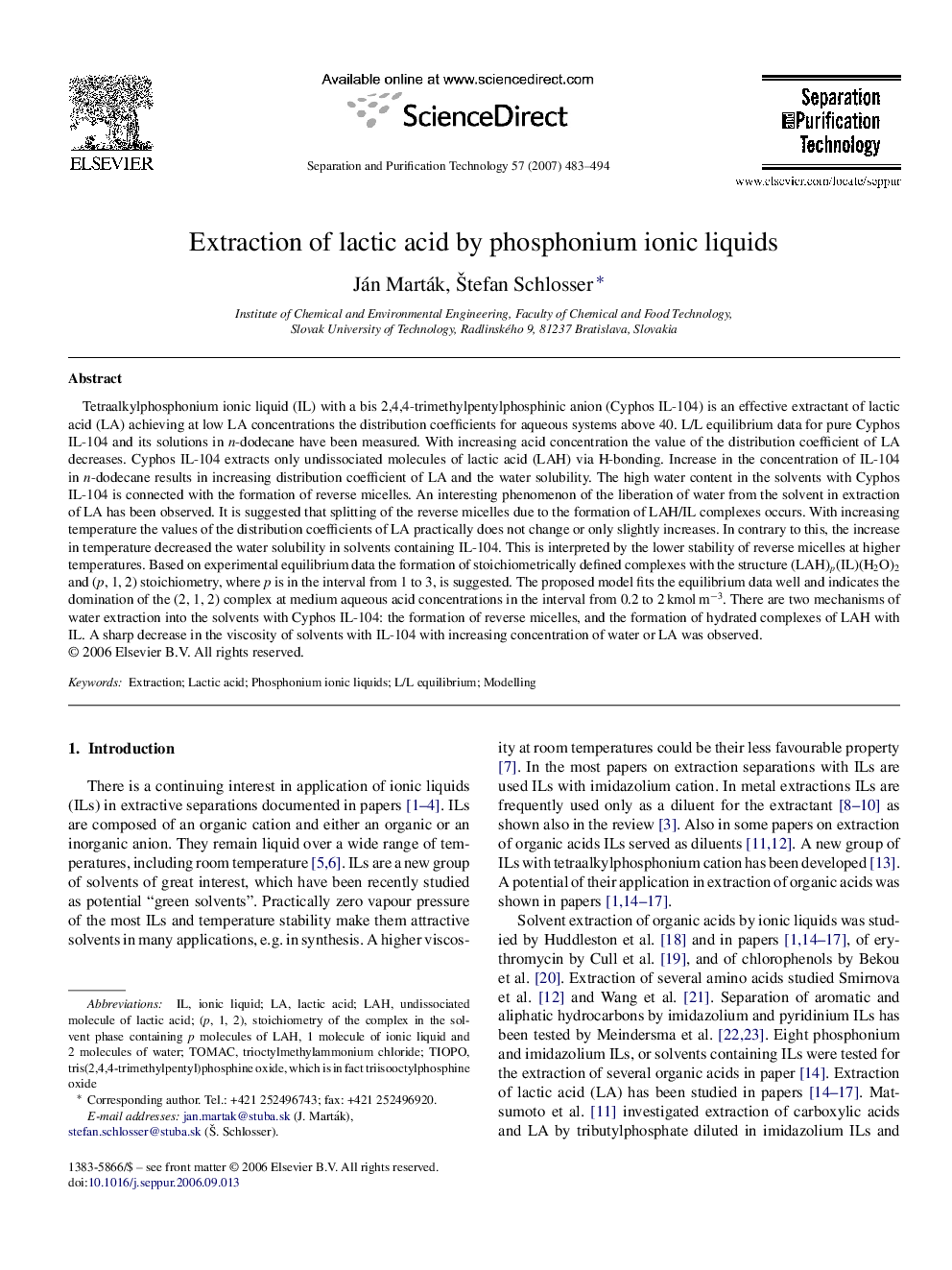 Extraction of lactic acid by phosphonium ionic liquids