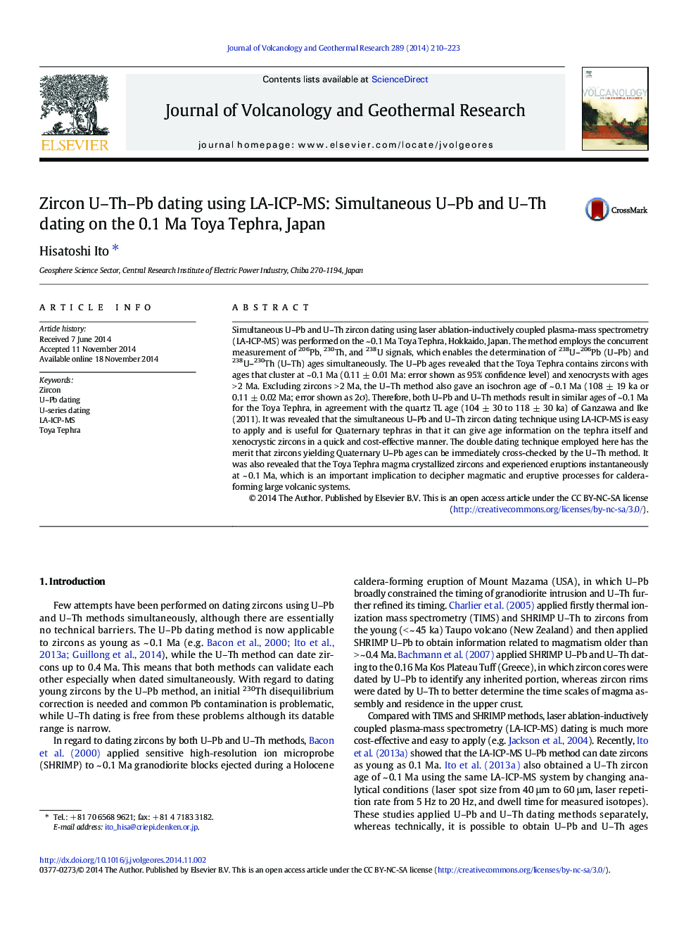 Zircon U-Th-Pb dating using LA-ICP-MS: Simultaneous U-Pb and U-Th dating on the 0.1Â Ma Toya Tephra, Japan