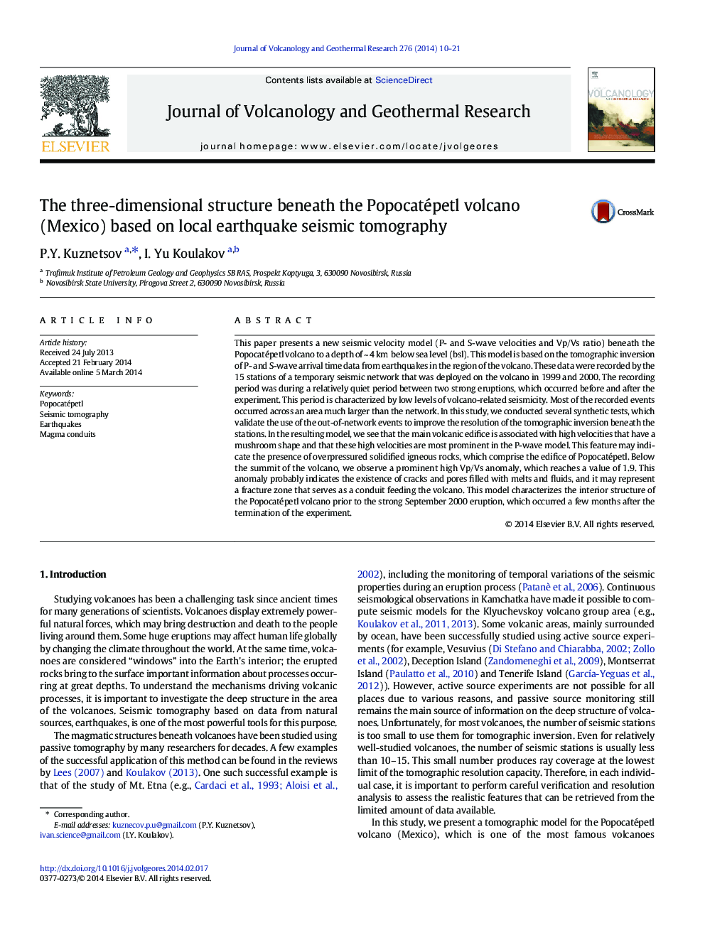 The three-dimensional structure beneath the Popocatépetl volcano (Mexico) based on local earthquake seismic tomography