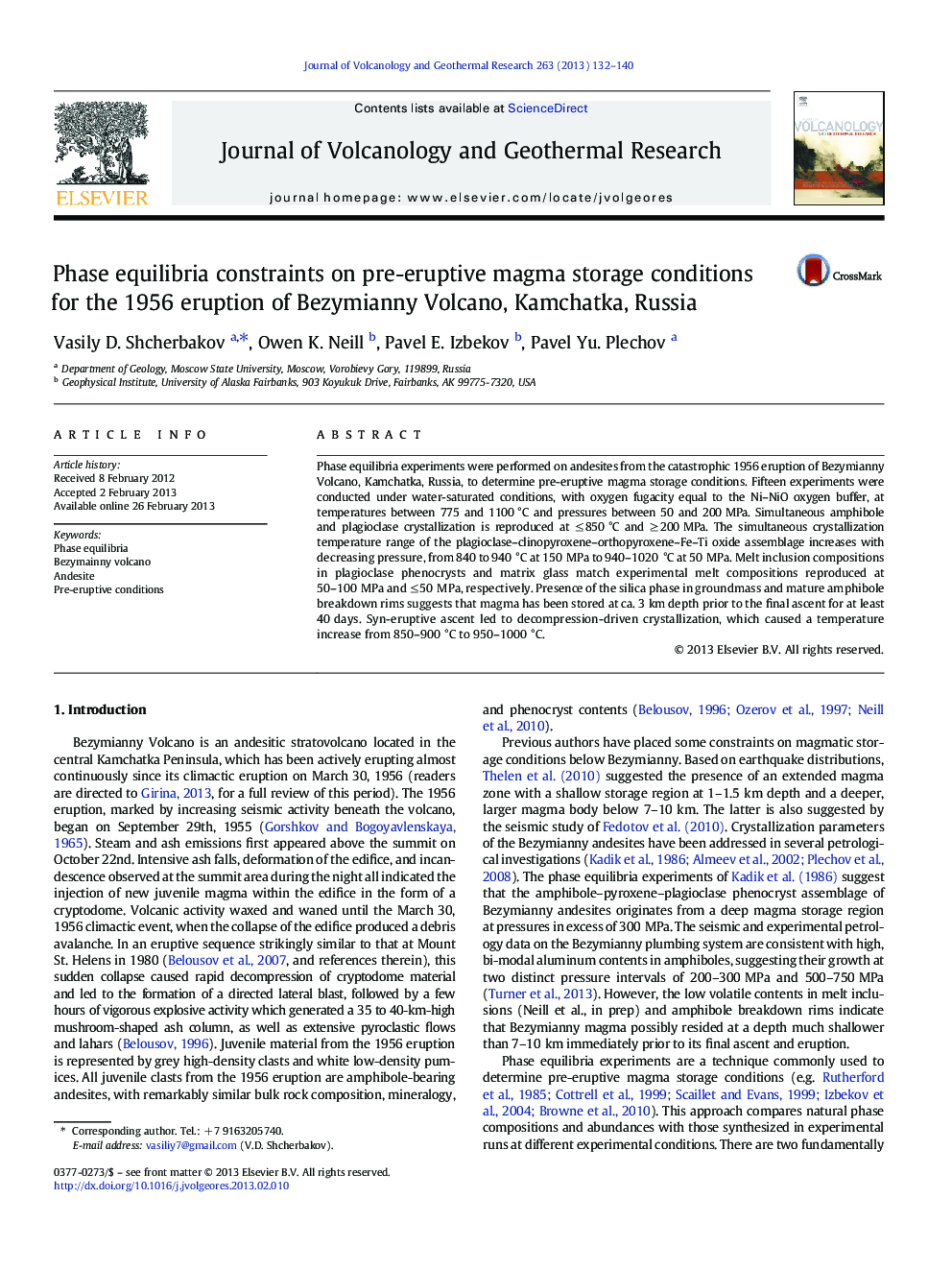 Phase equilibria constraints on pre-eruptive magma storage conditions for the 1956 eruption of Bezymianny Volcano, Kamchatka, Russia