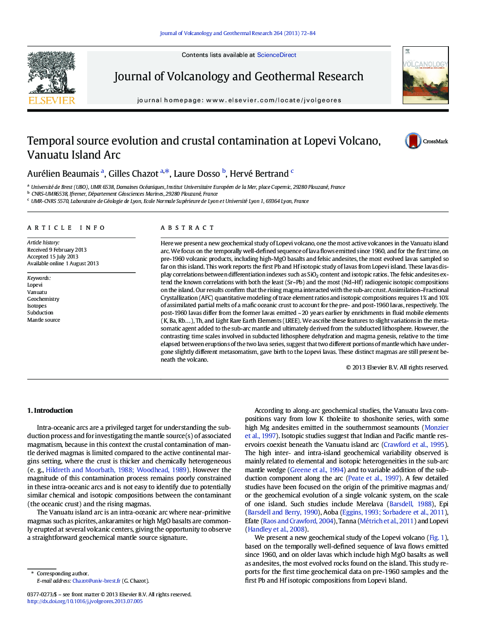 Temporal source evolution and crustal contamination at Lopevi Volcano, Vanuatu Island Arc