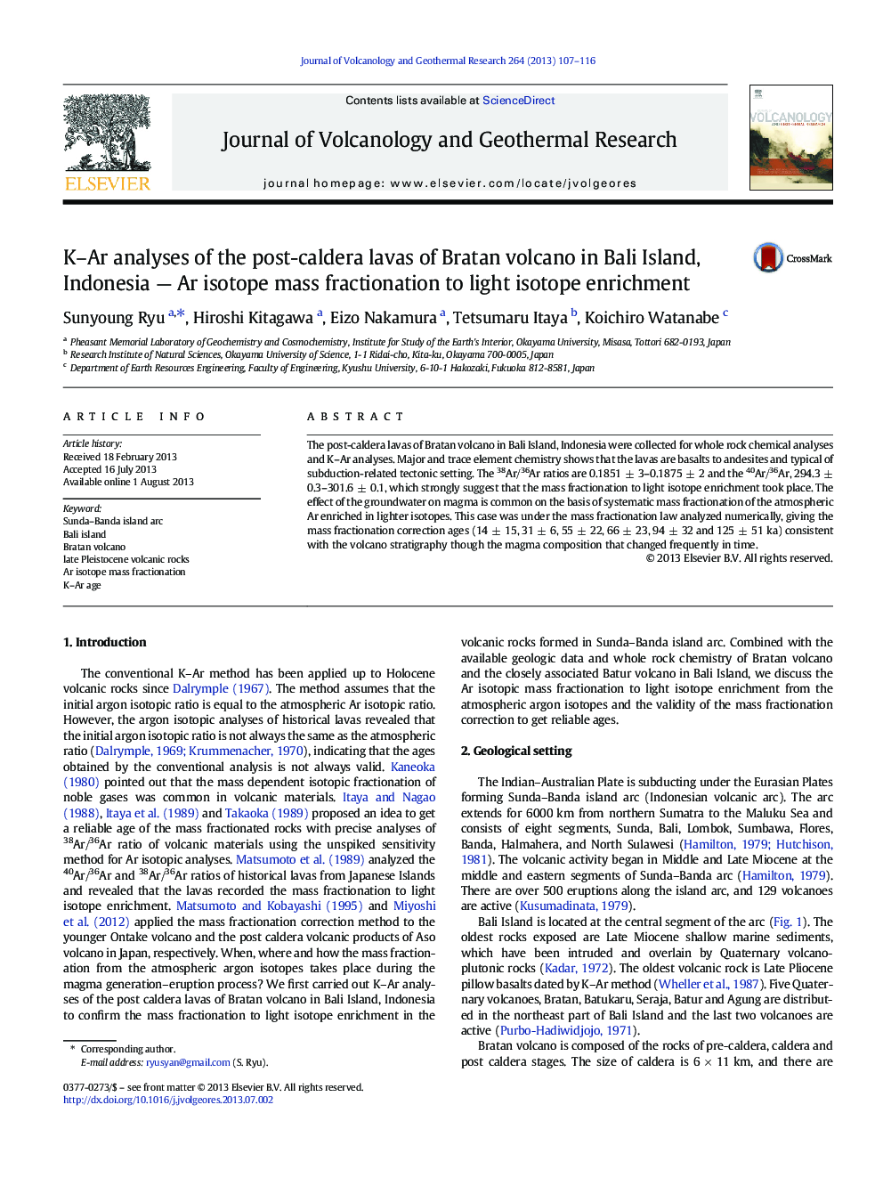 K-Ar analyses of the post-caldera lavas of Bratan volcano in Bali Island, Indonesia - Ar isotope mass fractionation to light isotope enrichment