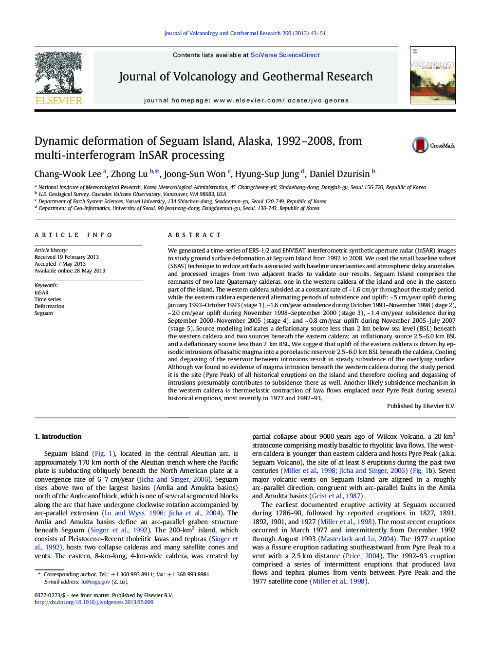 Dynamic deformation of Seguam Island, Alaska, 1992-2008, from multi-interferogram InSAR processing