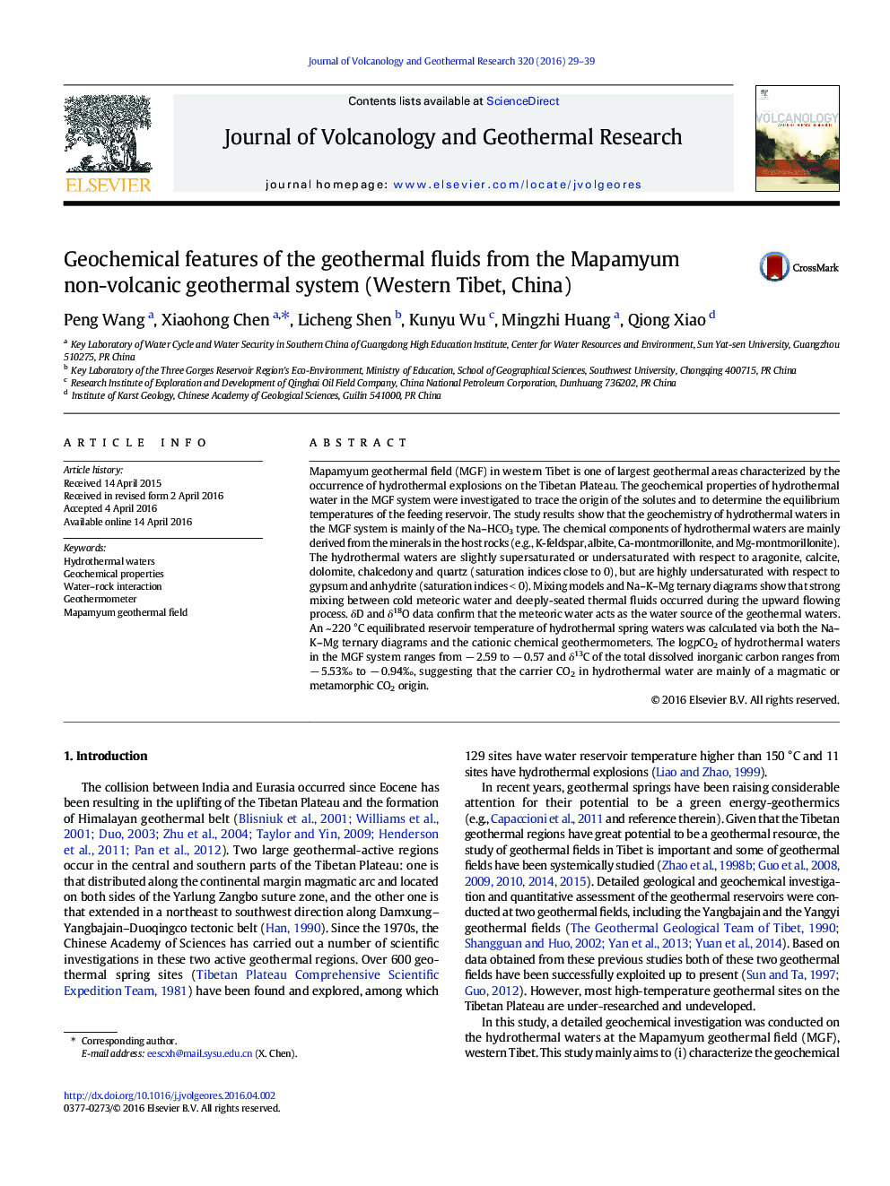 Geochemical features of the geothermal fluids from the Mapamyum non-volcanic geothermal system (Western Tibet, China)