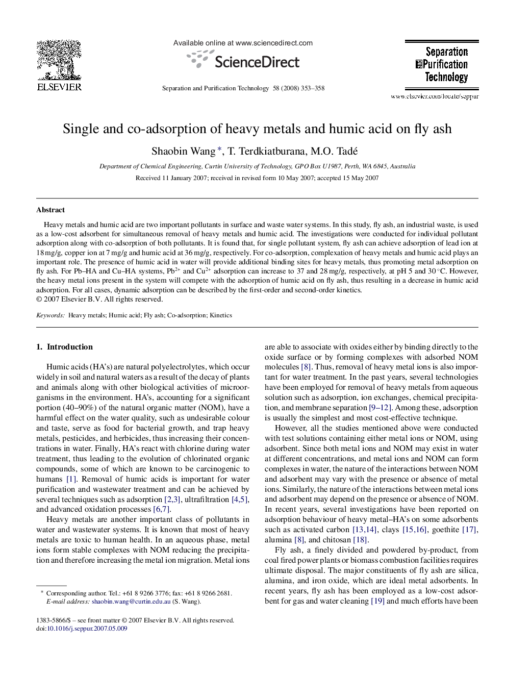 Single and co-adsorption of heavy metals and humic acid on fly ash