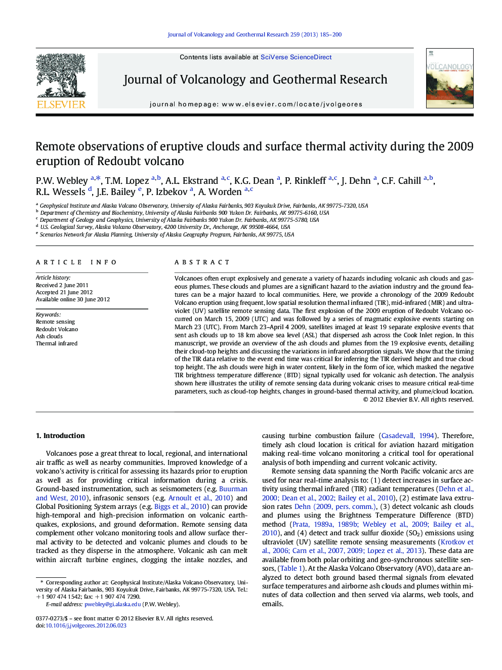 Remote observations of eruptive clouds and surface thermal activity during the 2009 eruption of Redoubt volcano