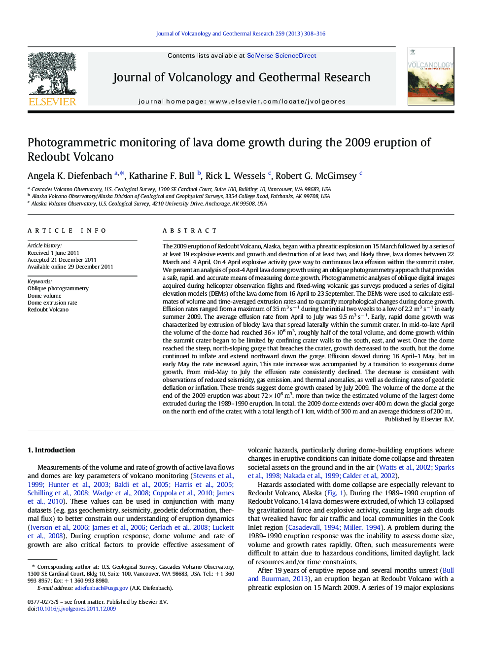 Photogrammetric monitoring of lava dome growth during the 2009 eruption of Redoubt Volcano