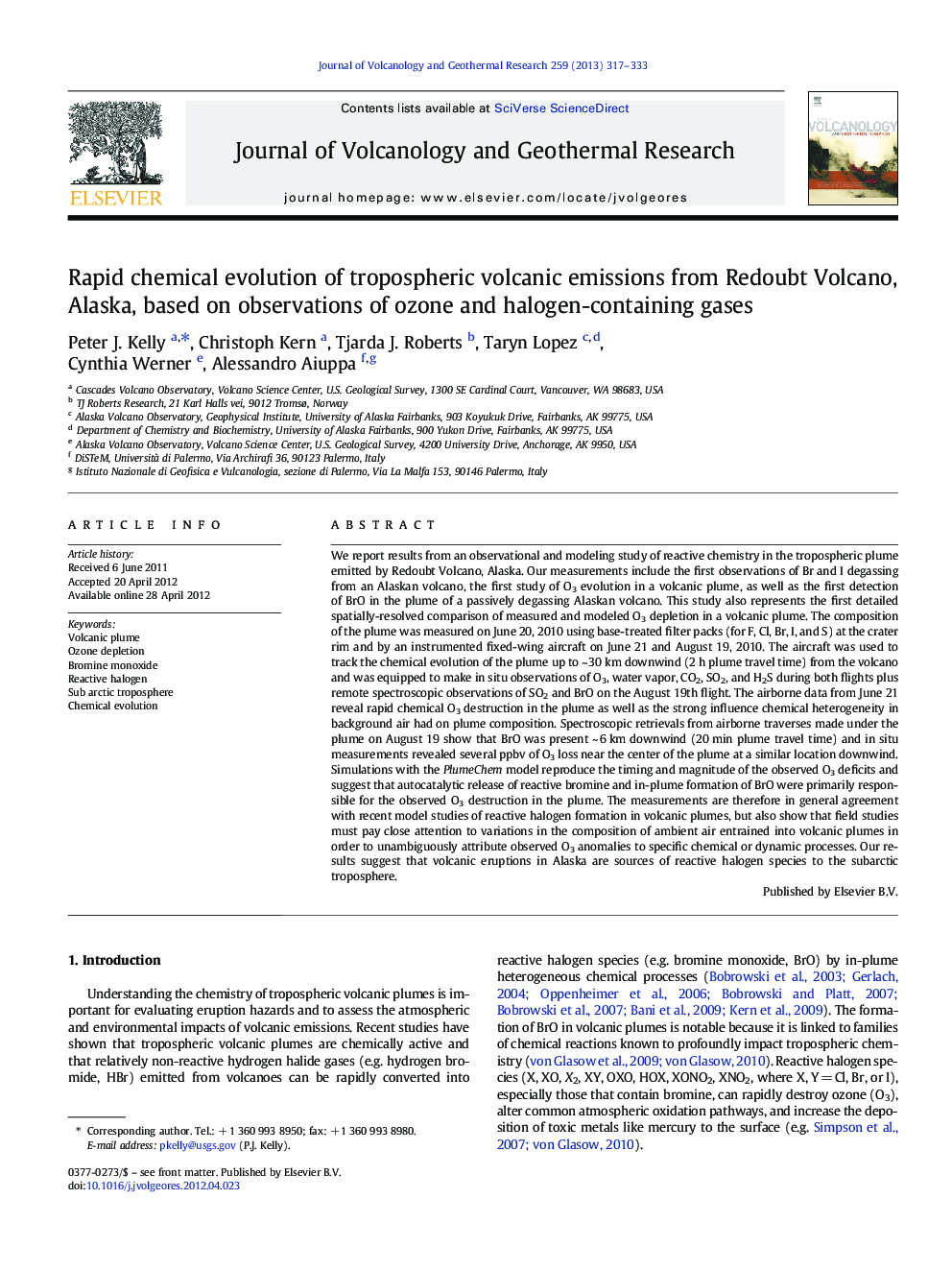 Rapid chemical evolution of tropospheric volcanic emissions from Redoubt Volcano, Alaska, based on observations of ozone and halogen-containing gases