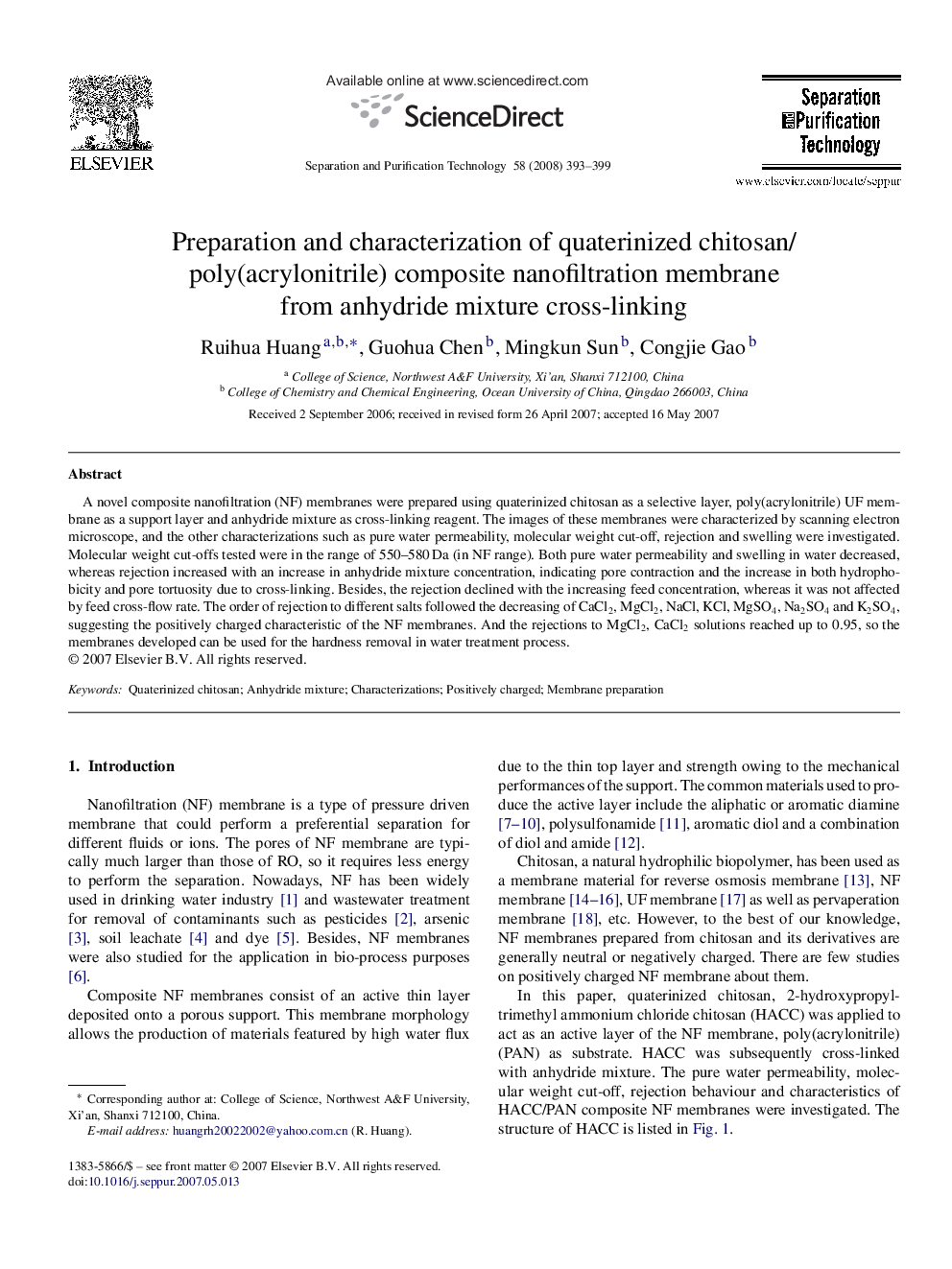 Preparation and characterization of quaterinized chitosan/poly(acrylonitrile) composite nanofiltration membrane from anhydride mixture cross-linking