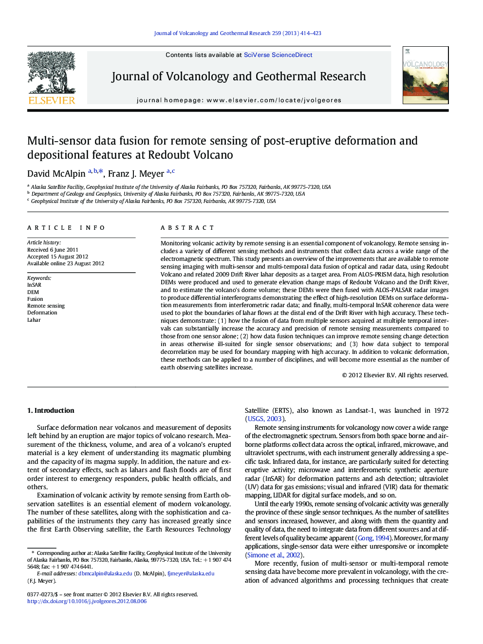 Multi-sensor data fusion for remote sensing of post-eruptive deformation and depositional features at Redoubt Volcano