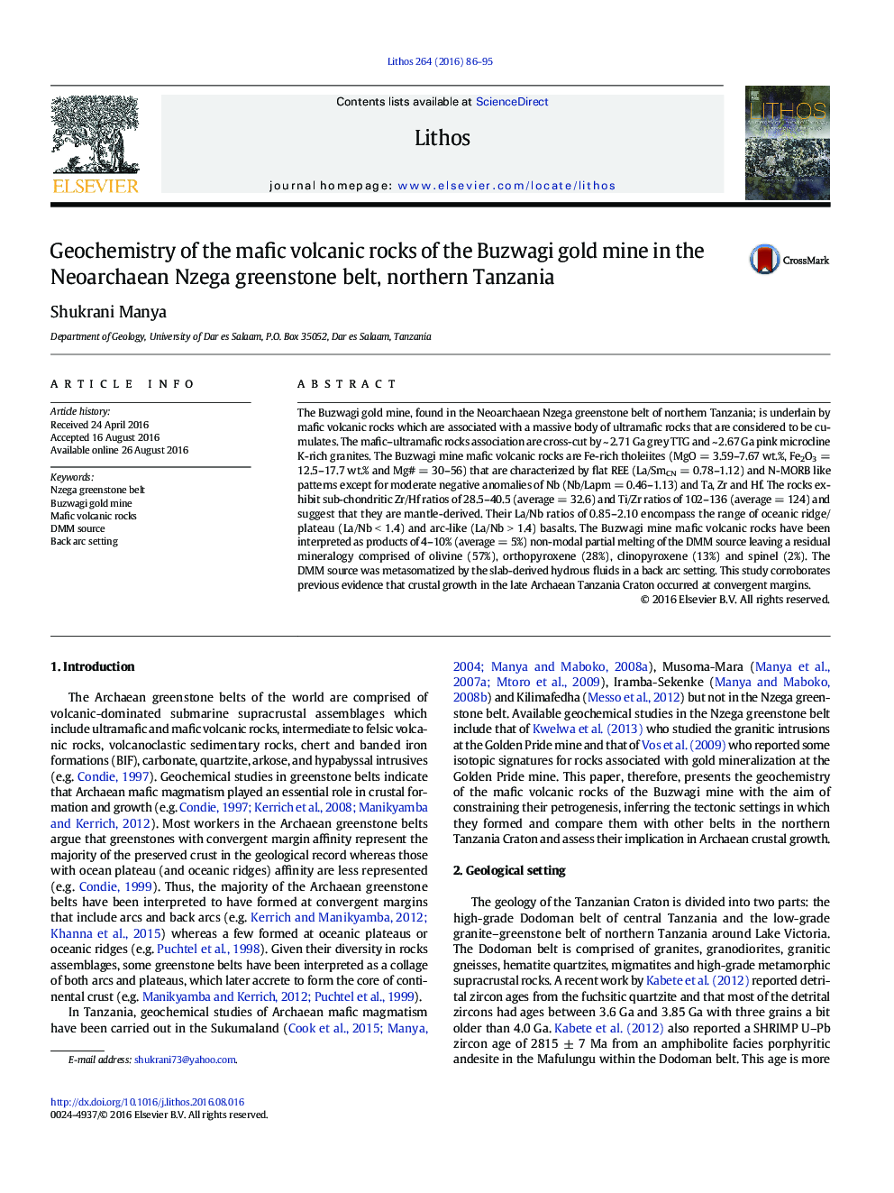 Geochemistry of the mafic volcanic rocks of the Buzwagi gold mine in the Neoarchaean Nzega greenstone belt, northern Tanzania