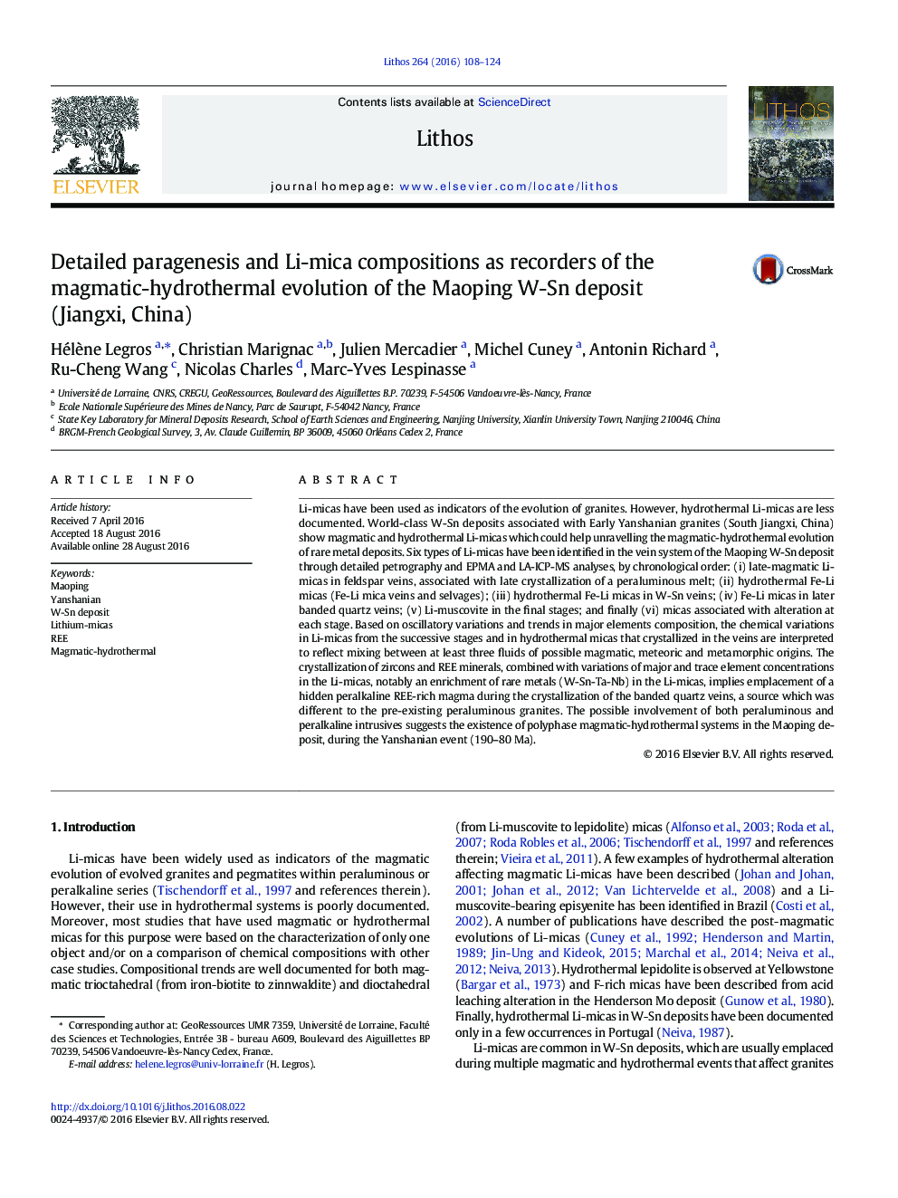 Detailed paragenesis and Li-mica compositions as recorders of the magmatic-hydrothermal evolution of the Maoping W-Sn deposit (Jiangxi, China)