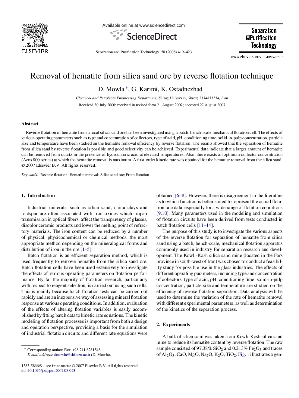 Removal of hematite from silica sand ore by reverse flotation technique