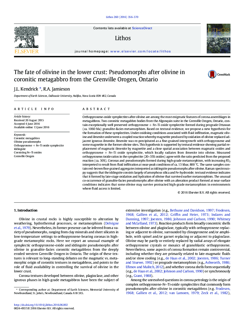 The fate of olivine in the lower crust: Pseudomorphs after olivine in coronitic metagabbro from the Grenville Orogen, Ontario